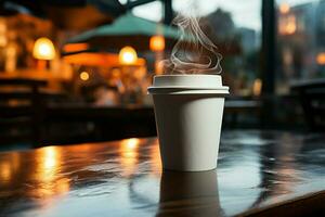 un solo taza de humeante café, serenidad en el café tienda ai generado foto