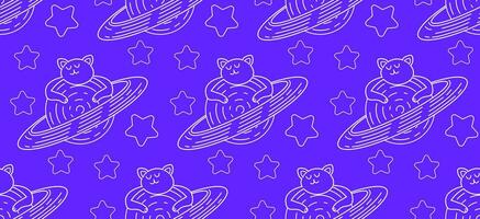 Beaded pattern in doodle style. Vector background with cat character in space. Cute space cats. Wrapping paper, print, wallpaper.