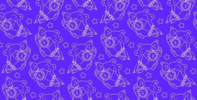 Beaded pattern in doodle style. Vector background with cat character in space. Cute space cats. Wrapping paper, print, wallpaper.