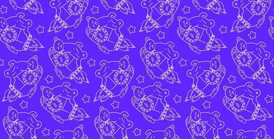 Beaded pattern in doodle style. Vector background with cat character in space. Cute space cats. Wrapping paper, print, wallpaper.