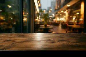 A wooden table with a blurred coffee shop backdrop for promotions AI Generated photo