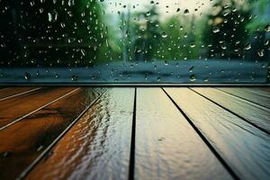 Wooden table in front of a raindrop speckled glass window AI Generated photo