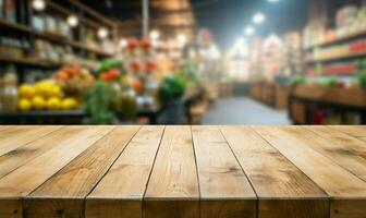 Wooden table, supermarket backdrop, perfect for showcasing product displays AI Generated photo