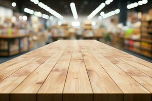 Wooden table with bokeh lit supermarket aisle, ideal for product showcase AI Generated photo
