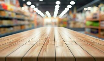 Wooden table with bokeh lit supermarket aisle, ideal for product showcase AI Generated photo