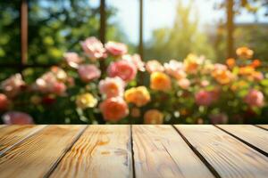 Wood table with a view of colorful garden roses through window AI Generated photo