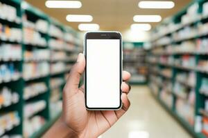 mujeres mano sostiene un teléfono inteligente terminado farmacia estantería con blanco pantalla ai generado foto