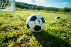 Vibrant pitch, where a soccer ball awaits sporting excitement AI Generated photo