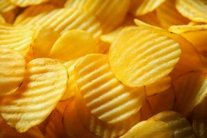 Top view captures the texture of crispy potato chips background AI Generated photo