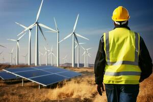 Young engineer with yellow helmet at renewable energy site AI Generated photo