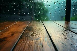 Wooden table in front of a raindrop speckled glass window AI Generated photo