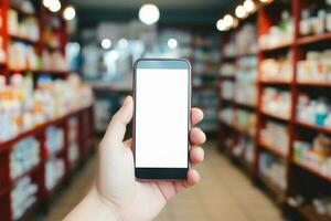 mujeres mano sostiene un teléfono inteligente terminado farmacia estantería con blanco pantalla ai generado foto