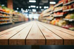 Wooden table with bokeh lit supermarket aisle, ideal for product showcase AI Generated photo