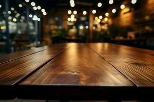 Wooden cafe table in focus, soft bokeh background enhances atmosphere AI Generated photo