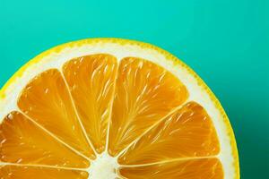 Vibrant orange slice on a saturated turquoise green background, citrus texture AI Generated photo