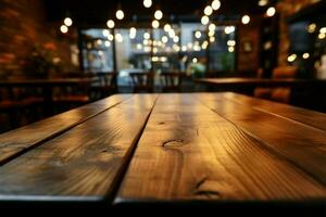 Wooden cafe table in focus, soft bokeh background enhances atmosphere AI Generated photo