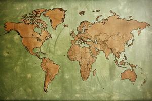 Vintage world map on weathered cardboard for a nostalgic touch AI Generated photo