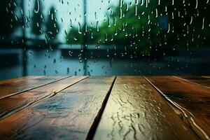 Wood table with raindrop kissed glass, a serene rainy day view AI Generated photo