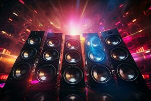 Vivid disco speakers form a dynamic and energetic background scene AI Generated photo