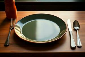 Utensils rest beside an empty plate, ready for a meal AI Generated photo