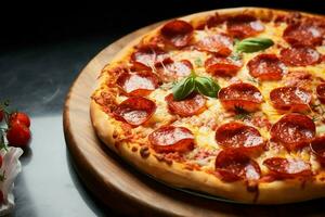 Wood tray presentation of classic pepperoni pizza, Italian food at its best AI Generated photo