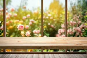 Wood table with a view of colorful garden roses through window AI Generated photo