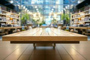 Television department store display with an empty wooden table foreground AI Generated photo