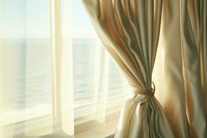 el interacción de ventana y cortina inundado con amable luz de sol ai generado foto