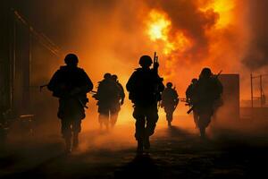 puesta de sol siluetas de infantería de marina en acción, rodeado por fumar, rifles, y máquina pistolas ai generado foto