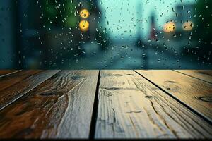 Wooden table in front of a raindrop speckled glass window AI Generated photo