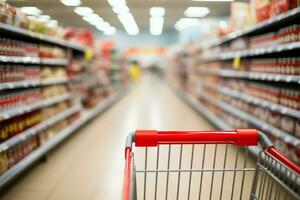 Supermarket aisle blur with an empty red shopping cart foreground AI Generated photo