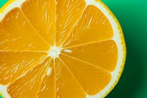 Top view A single orange fruit slice on a vivid green backdrop, creating a citrus texture image AI Generated photo