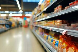 Supermarket aisle, shelves with a blurred background, creating shopping ambiance AI Generated photo