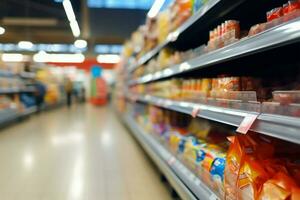 Supermarket aisle, shelves with a blurred background, creating shopping ambiance AI Generated photo