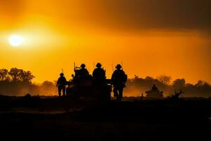 soldados siluetas en el brumoso atardecer, rodeado por fuego y fumar ai generado foto