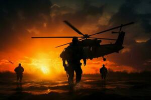 Sunset illuminates a military mission in action, symbolizing dedication AI Generated photo