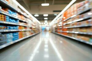 Supermarket store aisle with an abstract and blurred interior backdrop AI Generated photo