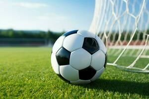 el fútbol pelota es Listo para acción en el campo ai generado foto