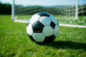 el campo es conjunto para fútbol con el pelota en sitio ai generado foto