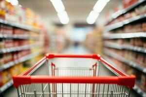 Supermarket aisle blur with an empty red shopping cart foreground AI Generated photo