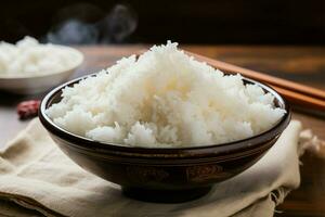 humeante blanco arroz en un bol, un sencillo y satisfactorio comida ai generado foto