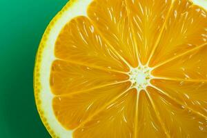 Top view A single orange fruit slice on a vivid green backdrop, creating a citrus texture image AI Generated photo