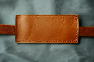 Subtle elegance Brown leather label contrasts against gray textile backdrop AI Generated photo