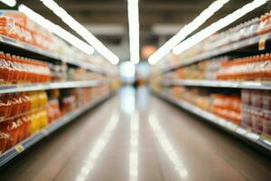 Supermarket store aisle with an abstract and blurred interior backdrop AI Generated photo