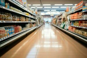 Supermarket aisle interior, providing a hazy and bustling shopping backdrop AI Generated photo