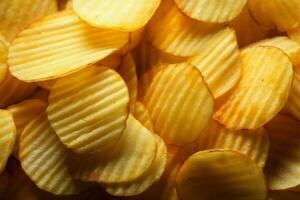 Texture background of delicious crispy potato chips in closeup view AI Generated photo