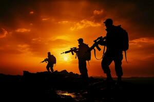puesta de sol siluetas de un equipo de soldados o oficiales con armas ai generado foto