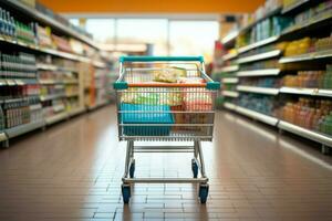 Supermarket scene with a conveniently placed shopping cart for context AI Generated photo