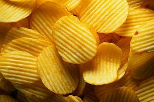 Top view captures the texture of crispy potato chips background AI Generated photo