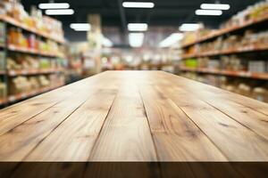 Supermarket bokeh behind wood tabletop, perfect for product display presentations AI Generated photo